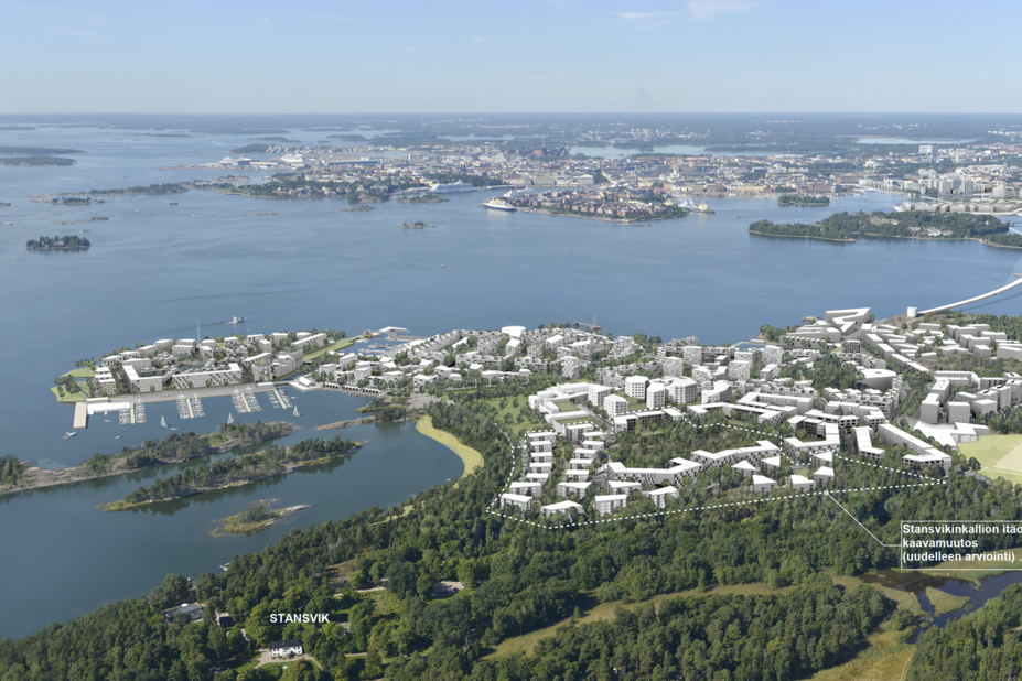 Digitaalisesti tehty havainnekuva, johon on merkitty rakentamisen määrä.