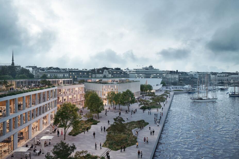 Havainnekuvassa ihmiset viihtyvät ranta-alueella.