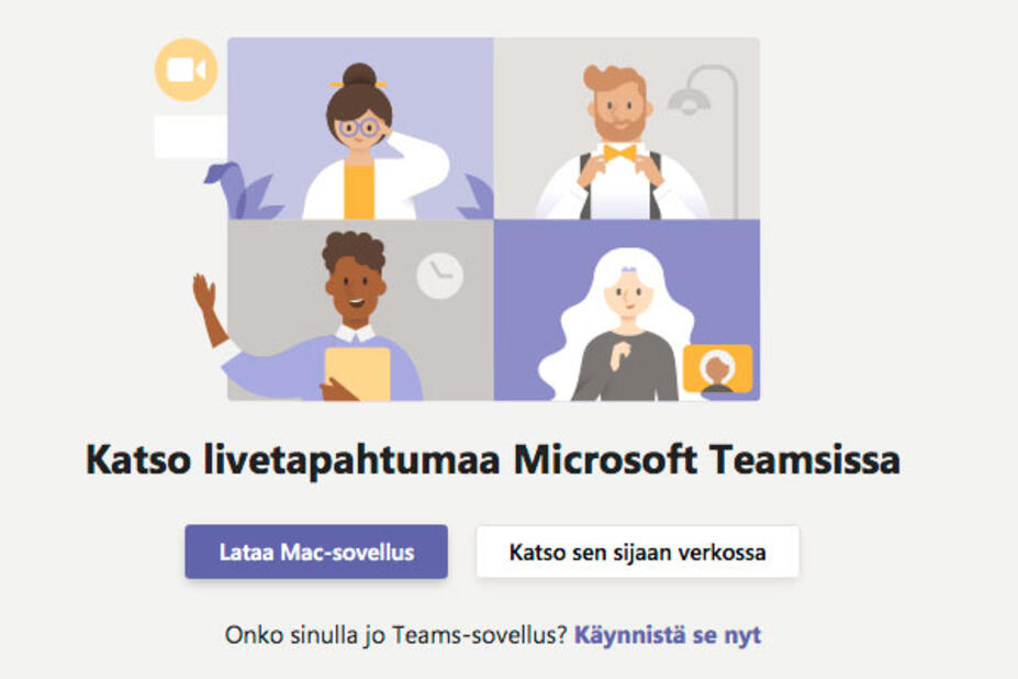 Kuvakaappaus: Teams live -tilaisuuteen kirjautuessa voi valita sovelluksella tai verkkoselaimella kirjautumiseen.