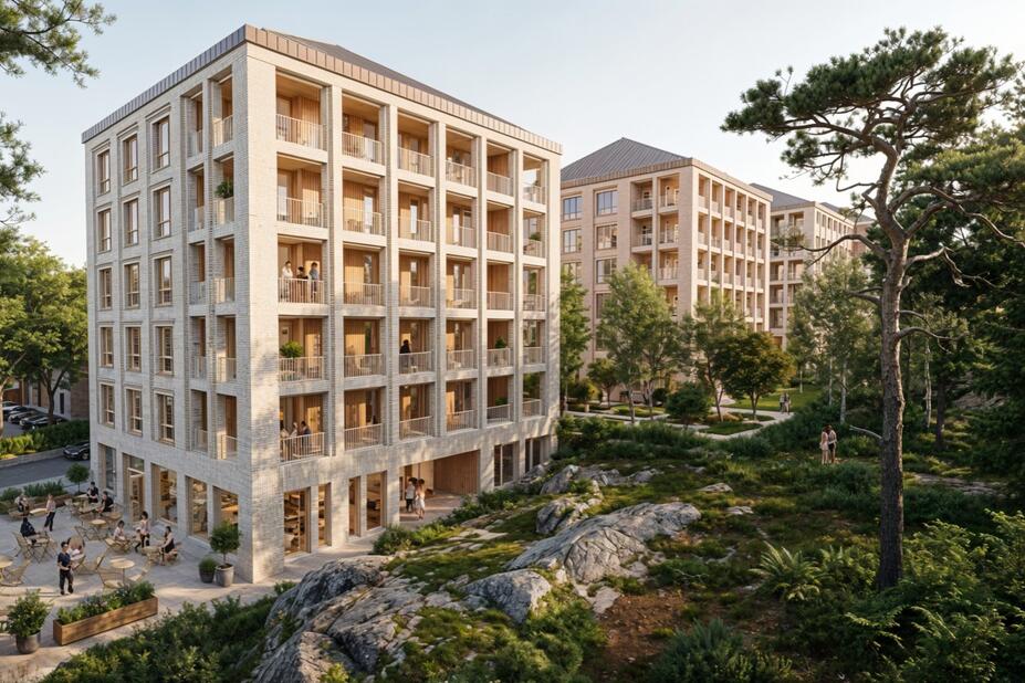 Havainnekuva, jossa on esitetty näkymä alueen eteläisistä kortteleista.