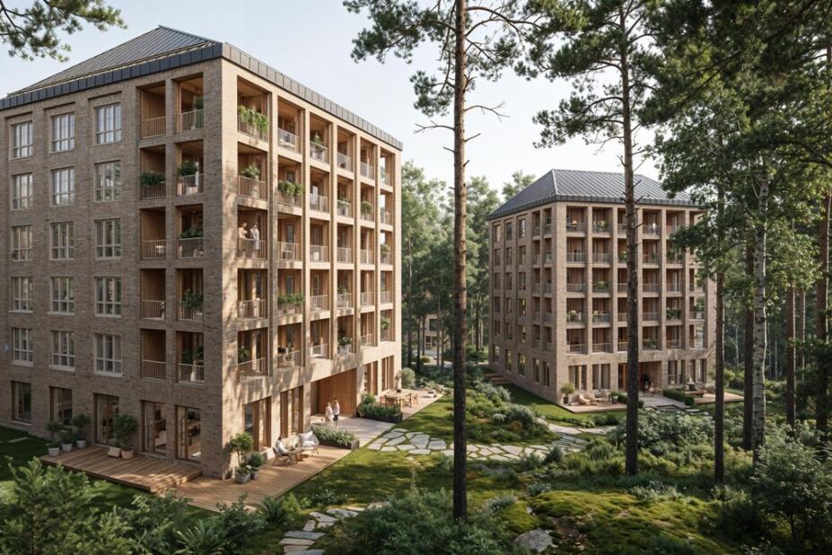 Havainnekuva kaavaluonnoksen pohjoisosaan suunnitelluista taloista.