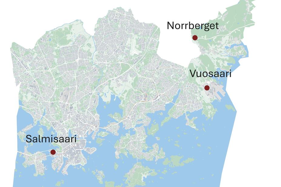 Vaihtoehtoiset laitospaikat merkittynä kartalle. 
