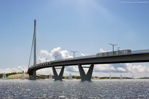 Havainnekuva Kruunuvuorensillasta, jolla kulkee raitiovaunu.