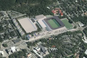 Havainnekuva Oulunkylän liikuntapuistosta, jossa näkyy myös uusi stadion.