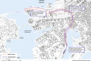 Kartta johon piirretty satamatunnelin linjaus.