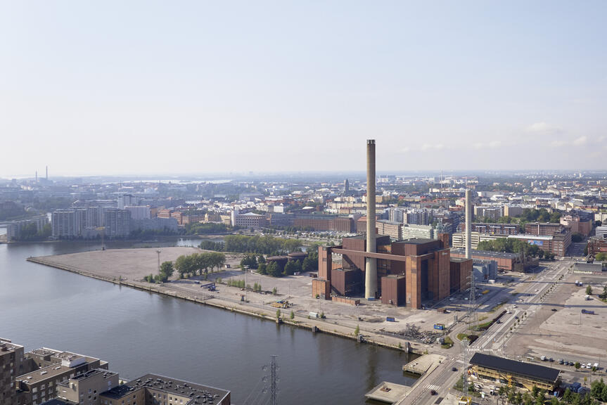 Ilmakuva Hanasaaren voimalaitosalueesta.