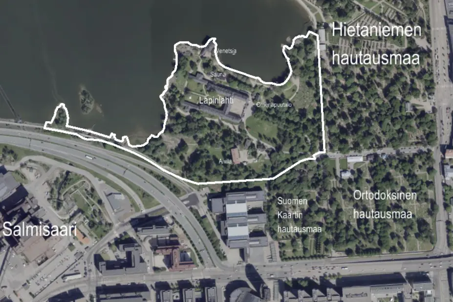 Lapinlahden alueen ilmakuva, jossa näkyvät sairaala-alueen rajat.