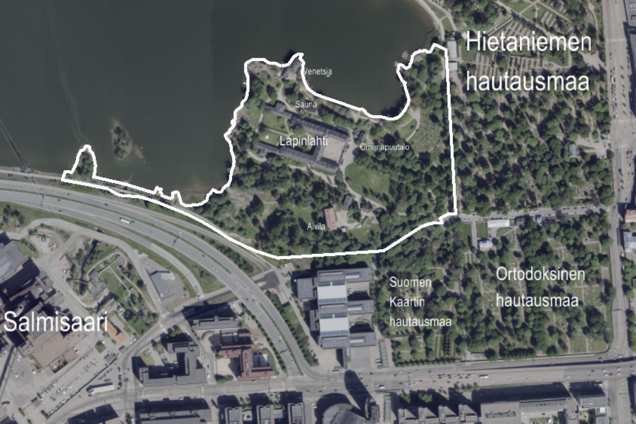 Lapinlahden alueen ilmakuva, jossa näkyvät sairaala-alueen rajat.