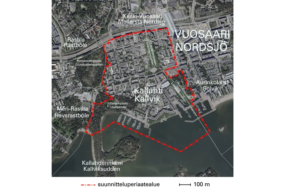 Karttakuva, johon merkitty Kallahden suunnitteluperiaatteiden alue.