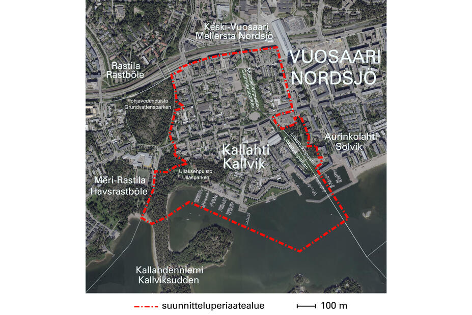 Karttakuva, johon merkitty Kallahden suunnitteluperiaatteiden alue.