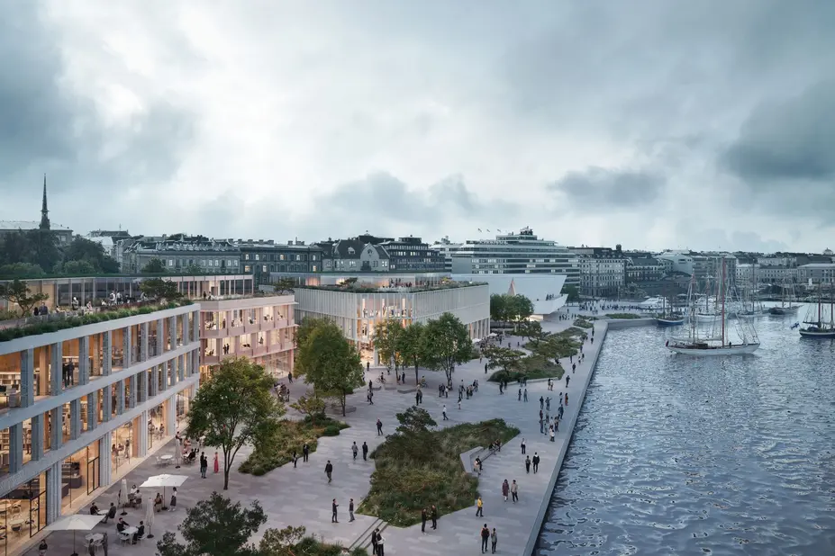 Havainnekuvassa ihmiset viihtyvät ranta-alueella.