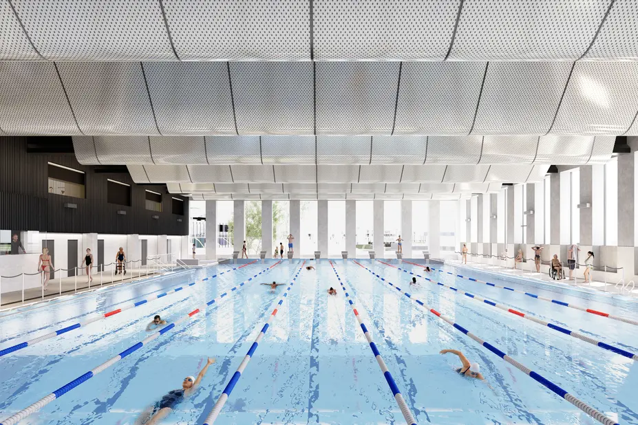 en 50 meter lång bassäng med åtta banor
