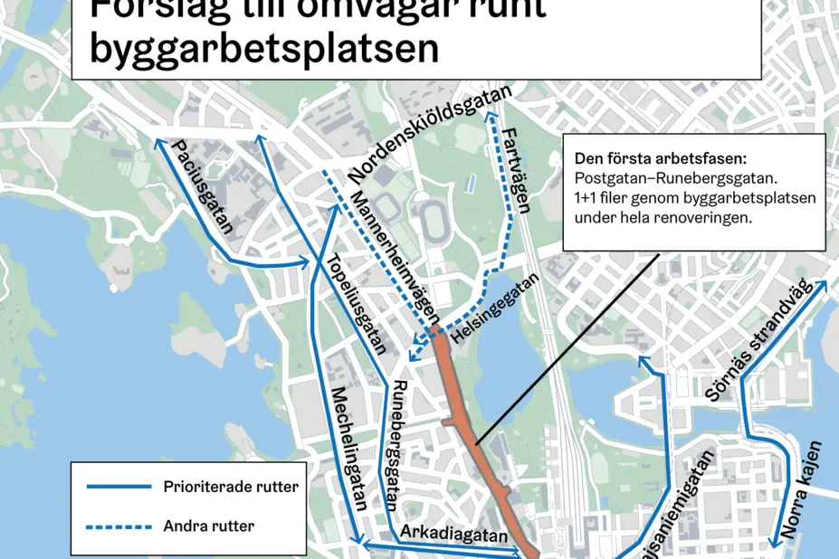 Förslag till omvägar runt byggarbetsplatsen.
