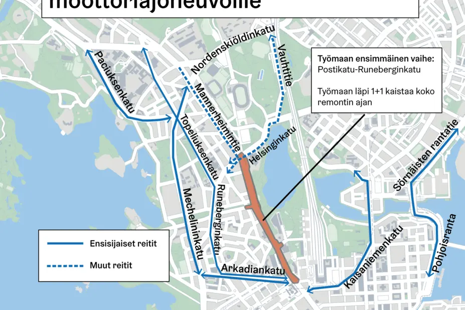 Ehdotuksia työmaan kiertoreiteiksi.
