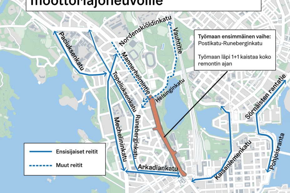 Ehdotuksia työmaan kiertoreiteiksi.