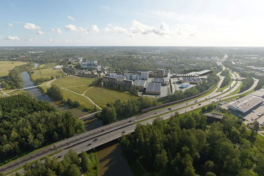 Liikerakennukset sijoiteltu ilmakuvaan. Peltojen ja metsien läpi virtaa joki ja kulkee iso tie.