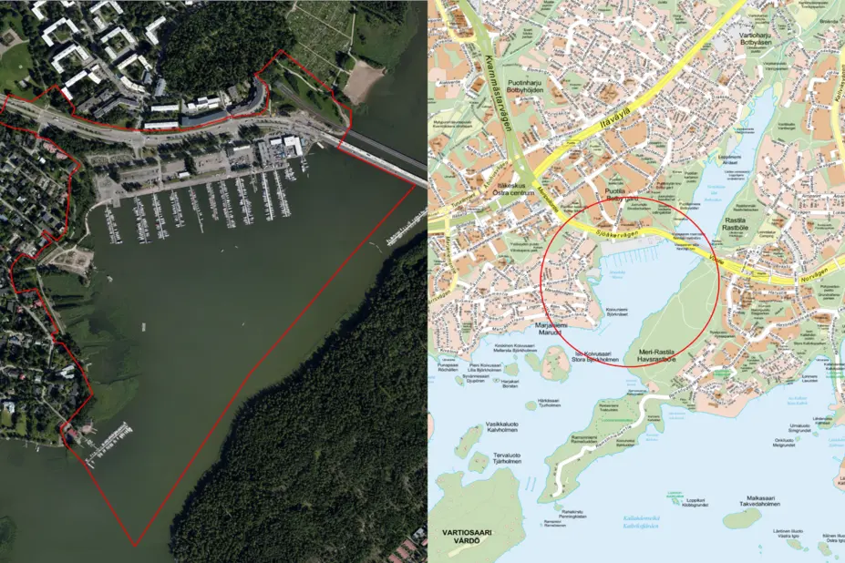 Puotilanrannan suunnittelualue ilmakuvassa ja osoitekartassa.