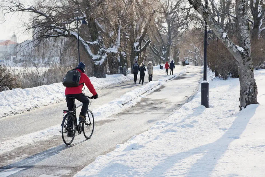En cykelväg och cyklist på vintern.