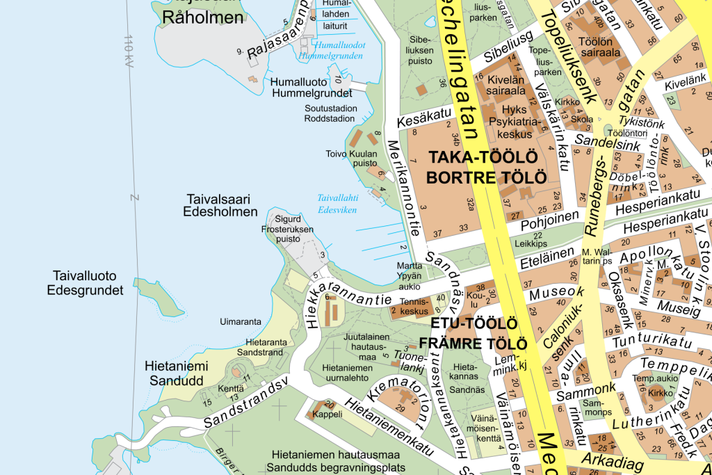Sigurd Frosteruksen puisto sijaitsee Töölön Taivallahdessa lähellä Hietarannan uimarantaa.
Kuva: Helsingin karttapalvelut