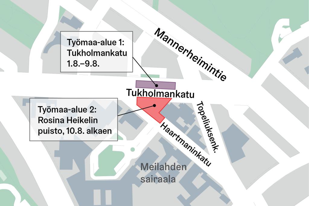 Meilahden raitiotien kääntöpaikan työmaa-alueiden sijoittuminen kartalle.