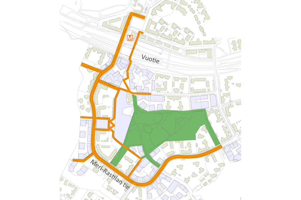 På kartan har markerats med orange de områden som gatuplanerna gäller och med grönt området för parkplanen, det vill säga Stagparken.