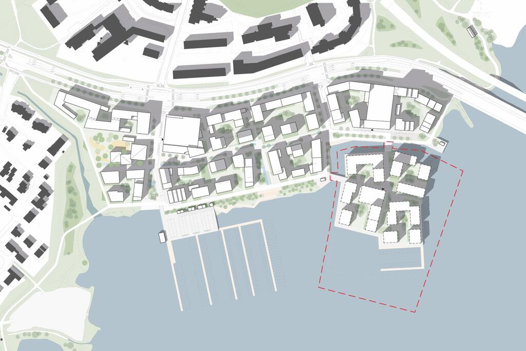 Havainnekuva Puotilanrannan alueesta. Uuden saaren kilpailualue on rajattu punaisella katkoviivalla. 