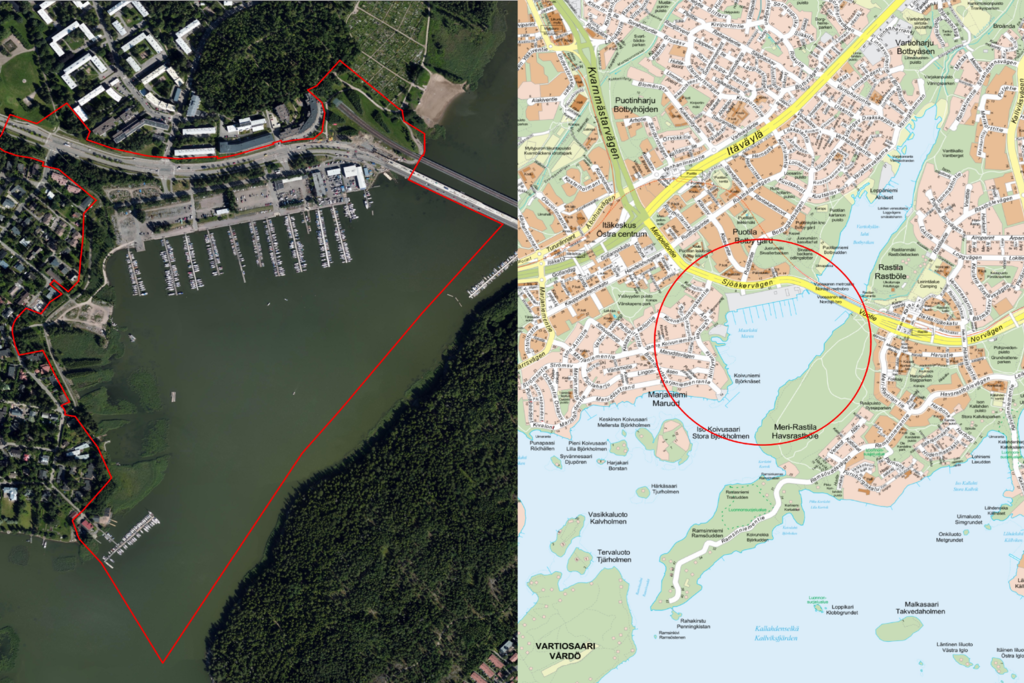 Puotilanrannan suunnittelualue ilmasta ja sen sijainti kartalla. Kuva: Helsingin kaupunki