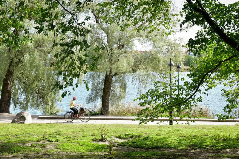 Henkilö pyöräilee puiston pyörätiellä rannan tuntumassa. 
