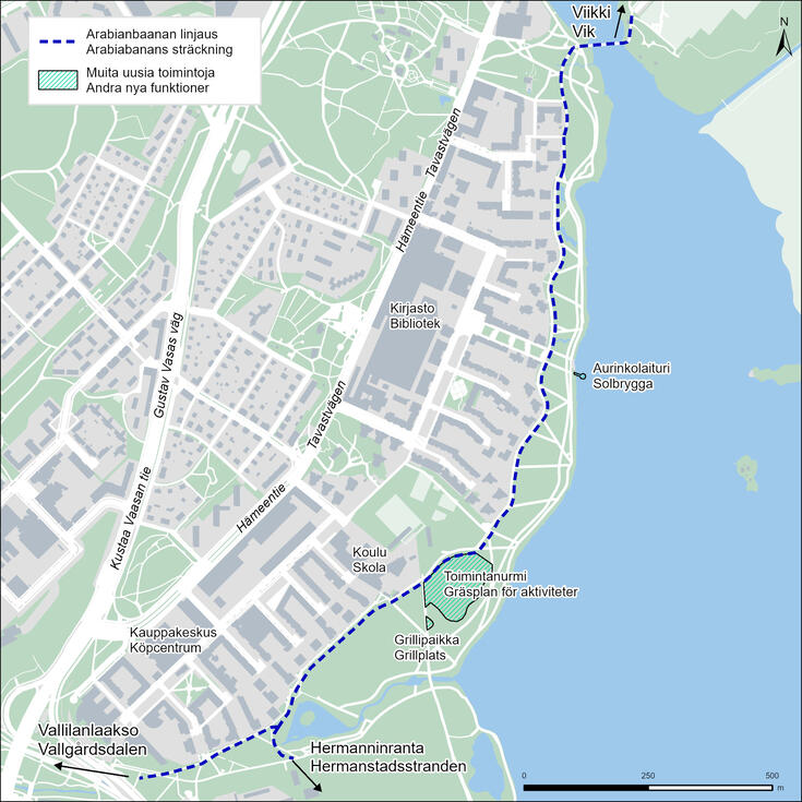 Arabianbaanan linjaus merkitty karttakuvaan.