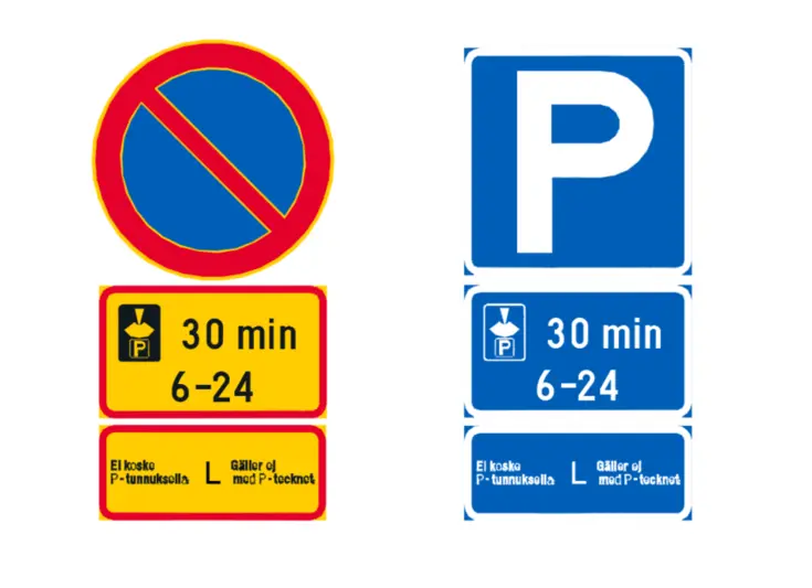 The designated parking areas are marked with an additional panel placed below the parking sign.