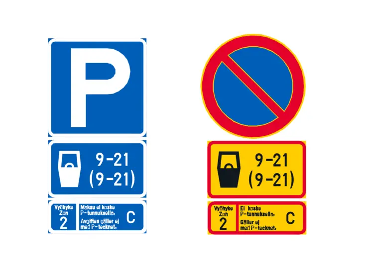 The designated parking areas are marked with an additional panel placed below the parking sign.