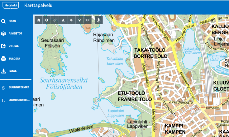 Näkymä Helsingin karttapalvelusta