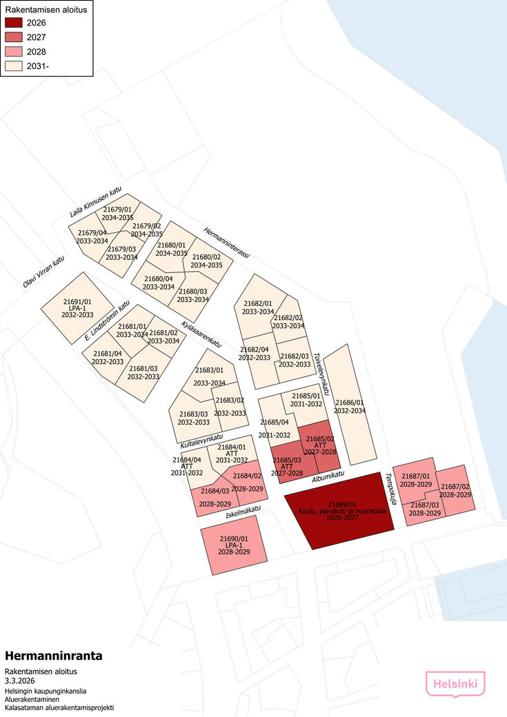 Hermaninrannan rakentamisen aikataulukartta
