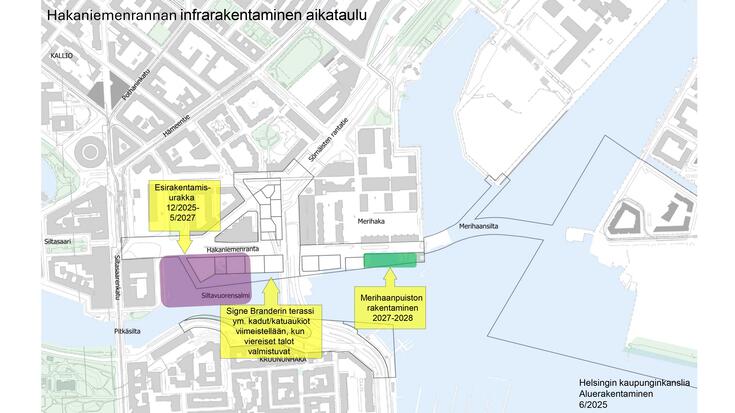 Hakaniemenrannan infrarakentamisen arvioitu aikataulu kartalla