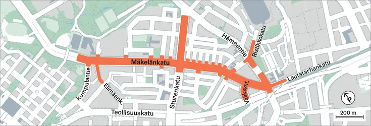 Karttakuva, johon on merkitty Mäkelänkadun remontoitava alue
