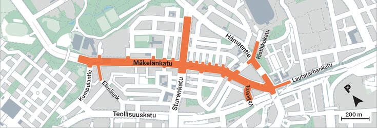 Karttakuva, johon on merkitty Mäkelänkadun remontoitava alue