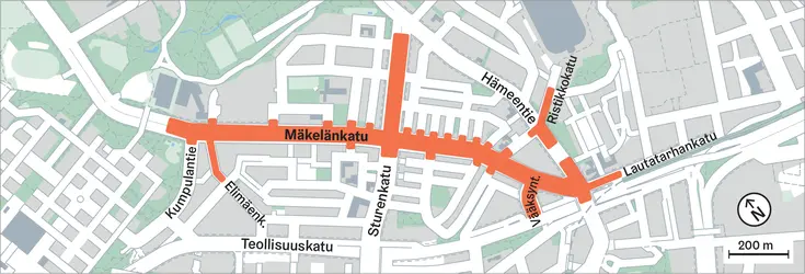 A map of Mäkelänkatu area where working area is highlighted. Street works affect streets Mäkelänkatu, Sturenkatu, Elimäenkatu, Vääksyntie, Lautatarhankatu, Hämeentie, Ristikkokatu and Päijänteentie.