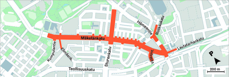 A map of Mäkelänkatu area where working area is highlighted. Street works affect streets Mäkelänkatu, Sturenkatu, Elimäenkatu, Vääksyntie, Lautatarhankatu, Hämeentie, Ristikkokatu and Päijänteentie.