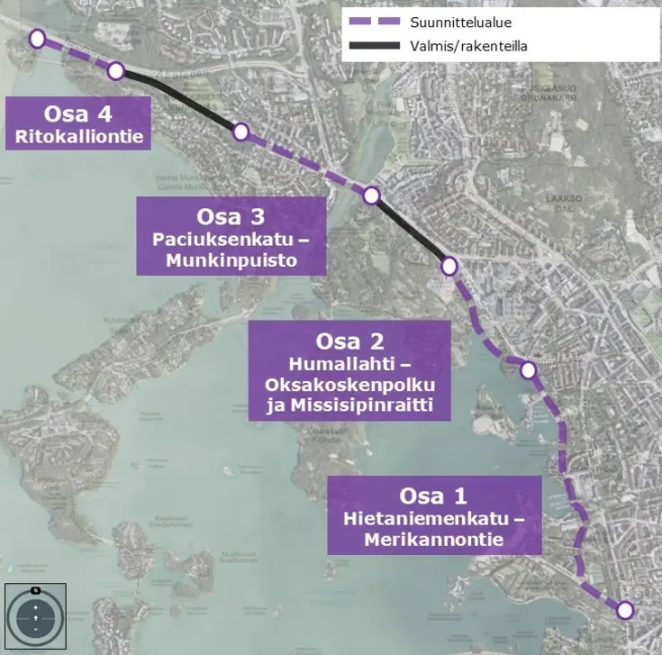 Kartta Munkkiniemenbaanan suunnittelualueesta.