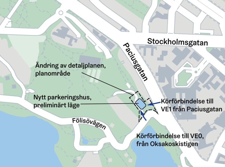 Karta över alternativa körrutter till parkeringshuset.