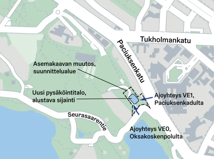 Kartta Oksakoskenpolun pysäköintitalon suunnitteluhankkeesta.