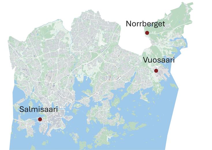 Vaihtoehtoiset laitospaikat merkittynä kartalle. 