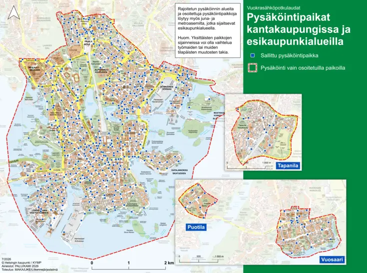 Vuokrattavien sähköpotkulautojen pysäköintipaikkoja on kantakaupungissa useimpien katujen risteyksissä.
