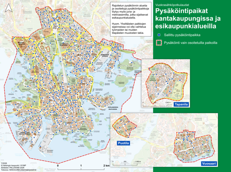Vuokrattavien sähköpotkulautojen pysäköintipaikkoja on kantakaupungissa useimpien katujen risteyksissä.