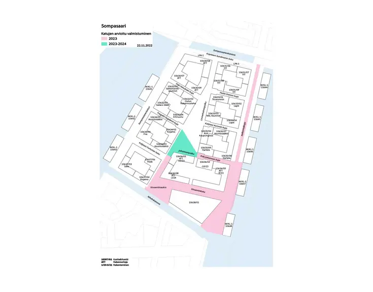 Sompasaari katujen arvioitu valmistuminen kartalla