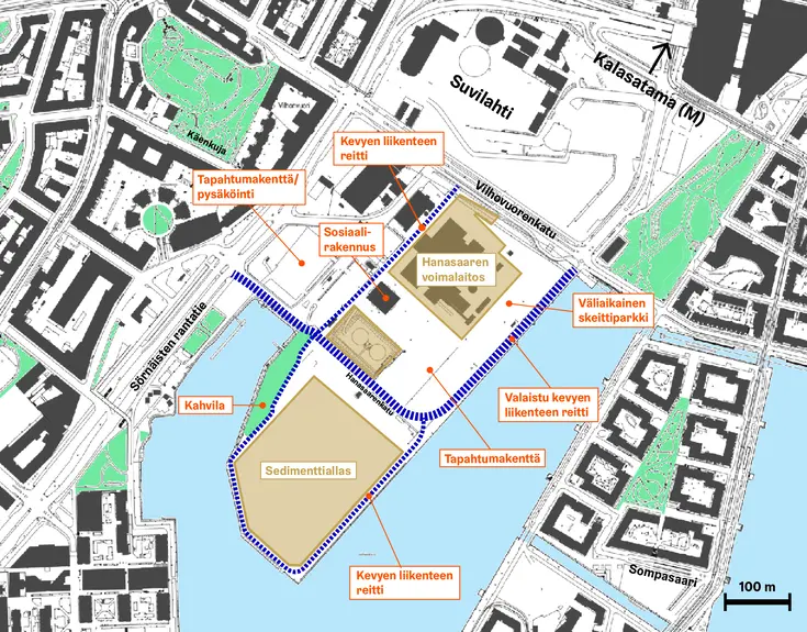 Hanasaaren kartta, jossa näkyy nykyiset toiminnot.