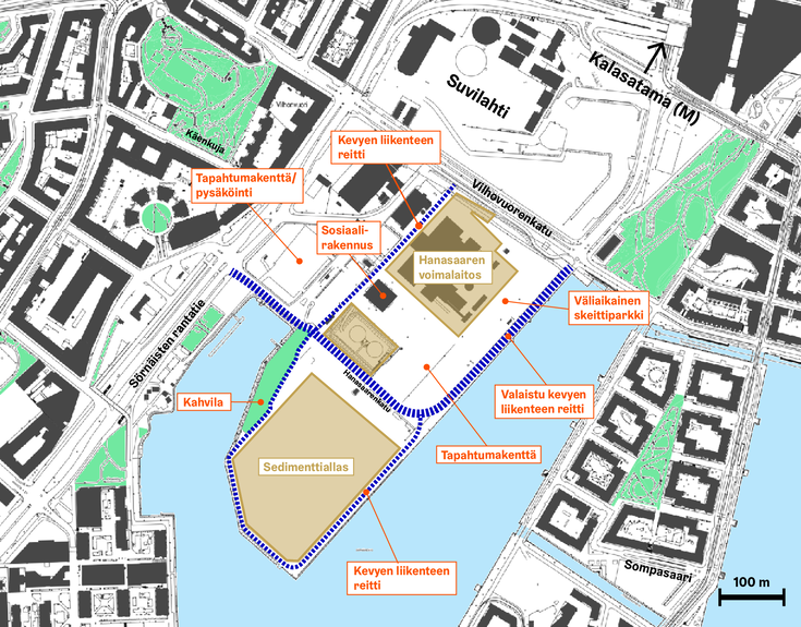 Hanasaaren kartta, jossa näkyy nykyiset toiminnot.