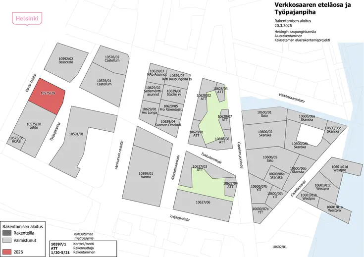 Verkkosaaren eteläosan ja Työpajanpihan rakentamisen aikataulukartta