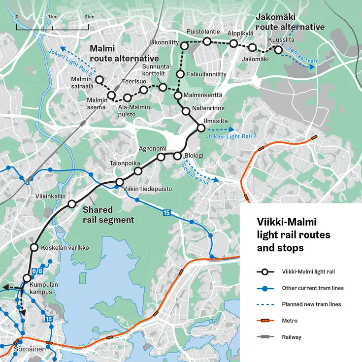 Light rail routes and stops on map.