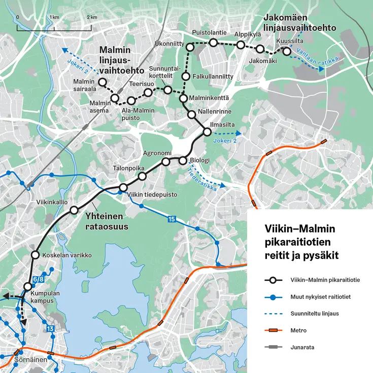 Viikin-Malmin pikaraitiotien reitit ja pysäkit esitettynä kartalla.